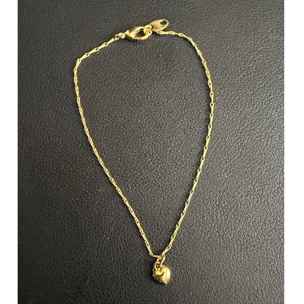 Vintage Puffy Heart Anklet Dainty Signed SP Gold Tone Charm Ankle Bracelet